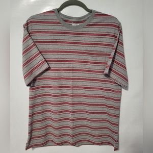 Duluth Trading Gray & Red Striped Crew Neck, Short Sleeve Shirt, size Large